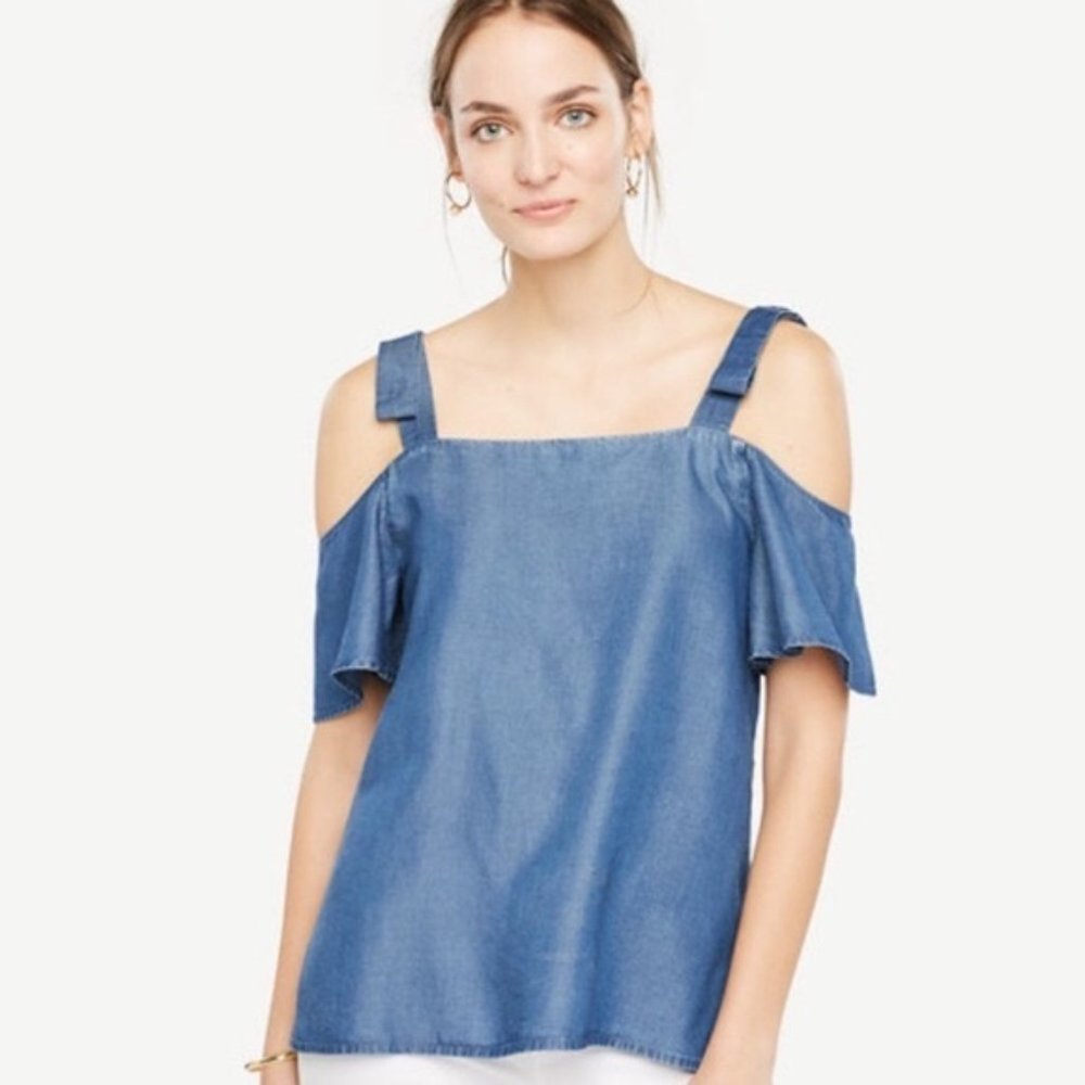 Ann Taylor Chambray Bow Cold Shoulder Blouse